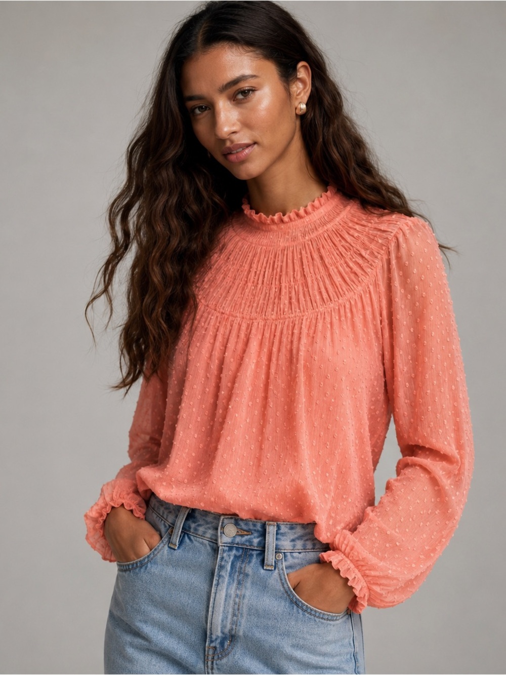 J.Crew Swiss Dot Ruffle Neck Blouse Medium Peach Sheer Long Sleeve Top